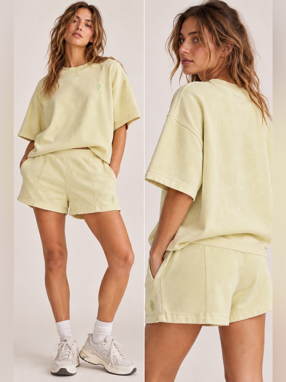 FP Movement Free People Sweat Set Light Yellow Lime Green Oversized Top + Shorts